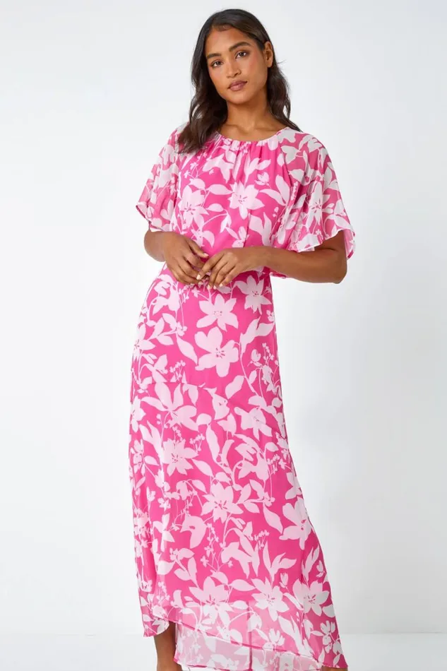 Women Pink Floral Frill Detail Chiffon Midi Dress Roman Dresses