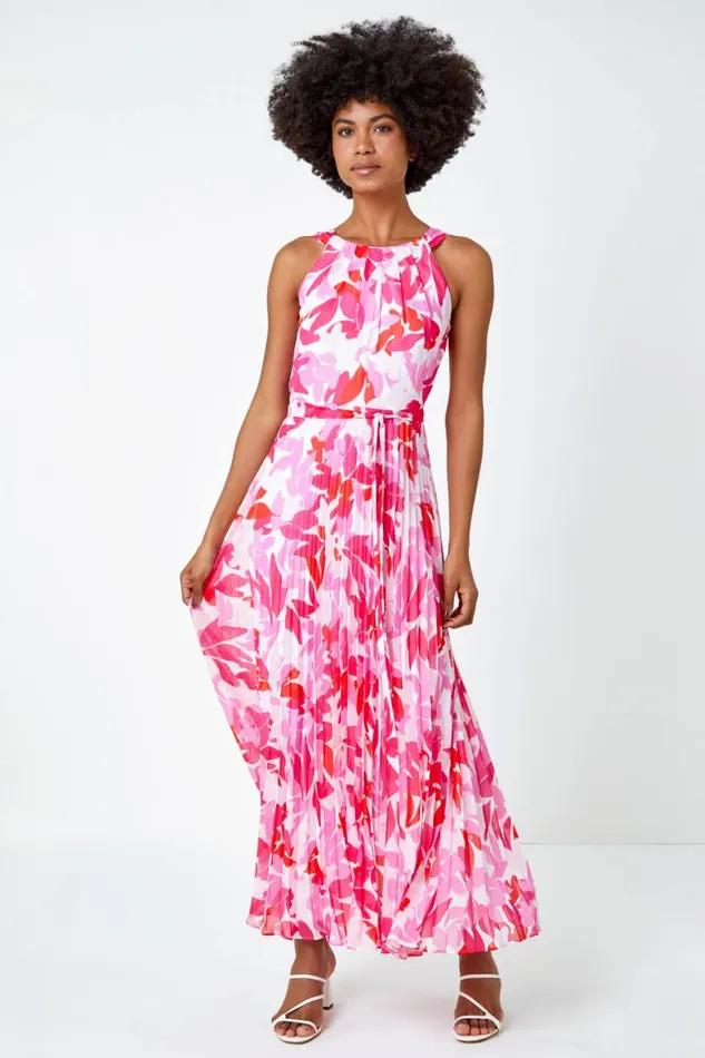Women Pink Floral Halter Neck Pleated Chiffon Maxi Dress Roman Dresses