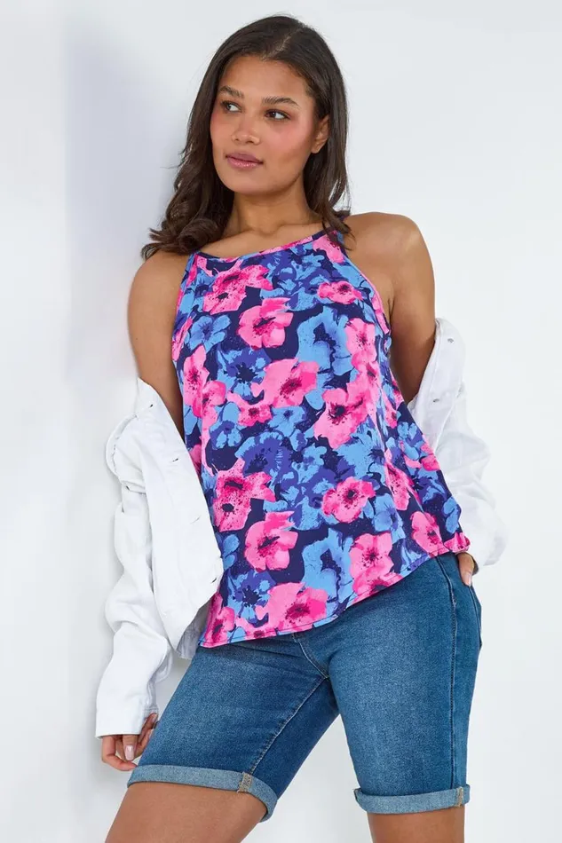 Women Pink Floral Print Cami Top Roman Tops