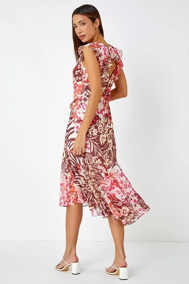 Women Pink Floral Print Chiffon Frill Detail Midi Dress Roman Dresses