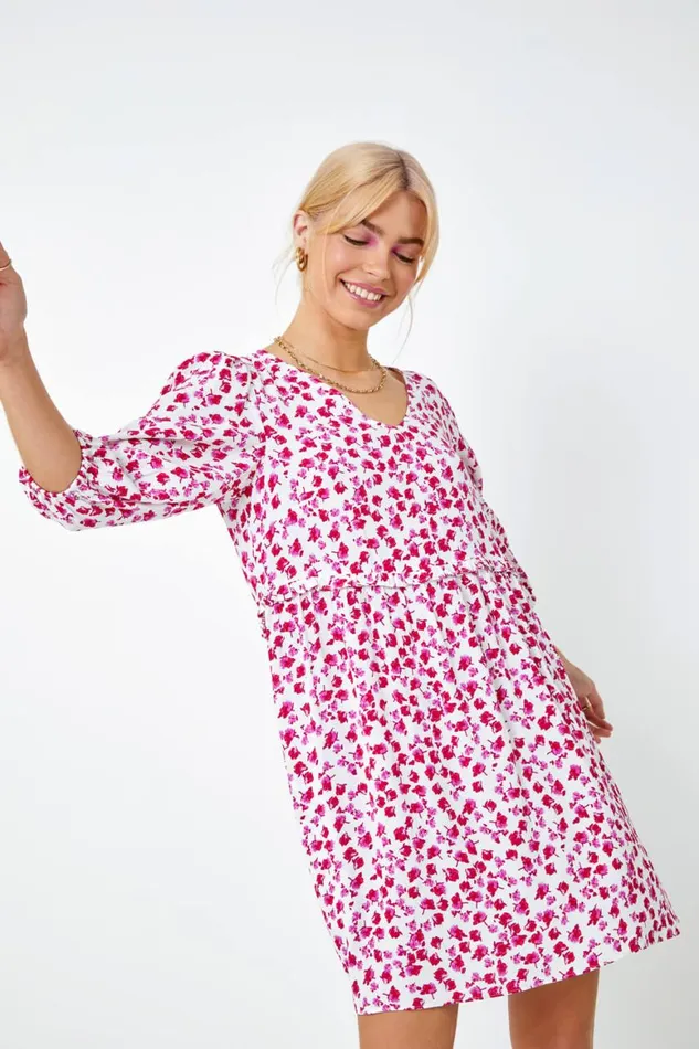 Women Pink Floral Print Frill Detail Smock Dress Roman Dresses