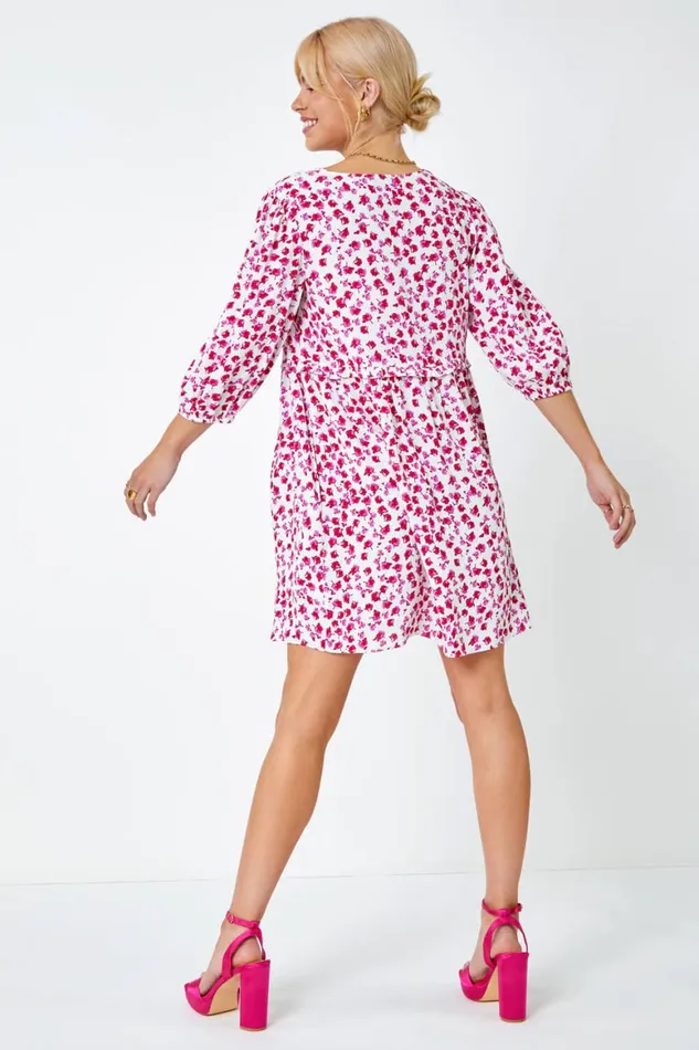Women Pink Floral Print Frill Detail Smock Dress Roman Dresses