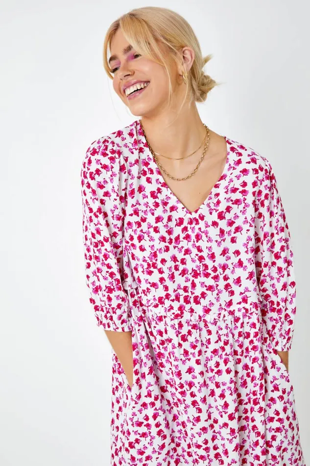Women Pink Floral Print Frill Detail Smock Dress Roman Dresses