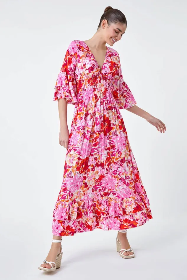 Women Pink Floral Ruffle Detail Shirred Maxi Dress Roman Dresses