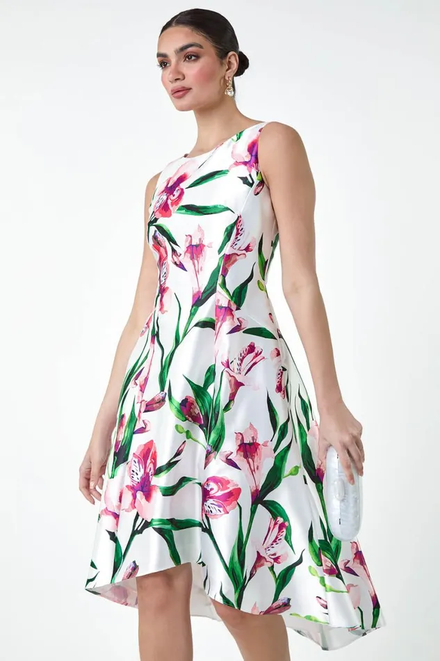 Women Pink Floral Satin Feel Dipped Hem Midi Dress Roman Dresses