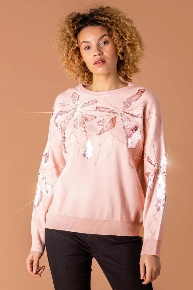Women Pink Floral Sequin Embellished Jumper Roman Knitwear