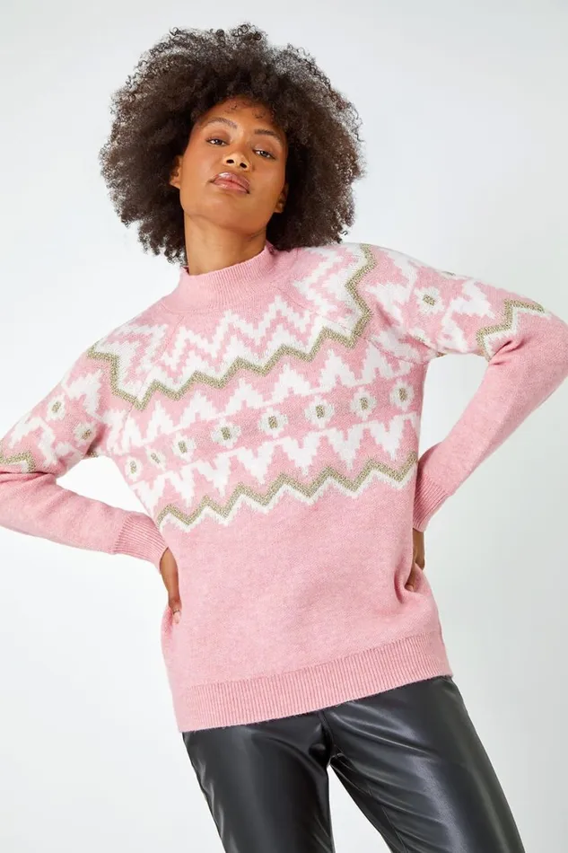 Women Pink High Neck Fairisle Knit Jumper Roman Knitwear