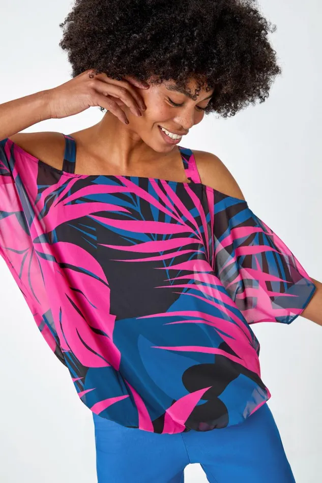 Women Pink Leaf Print Cold Shoulder Chiffon Top Roman Tops