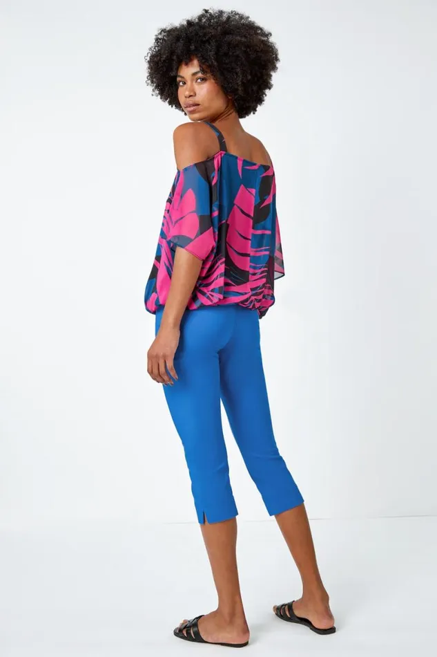 Women Pink Leaf Print Cold Shoulder Chiffon Top Roman Tops