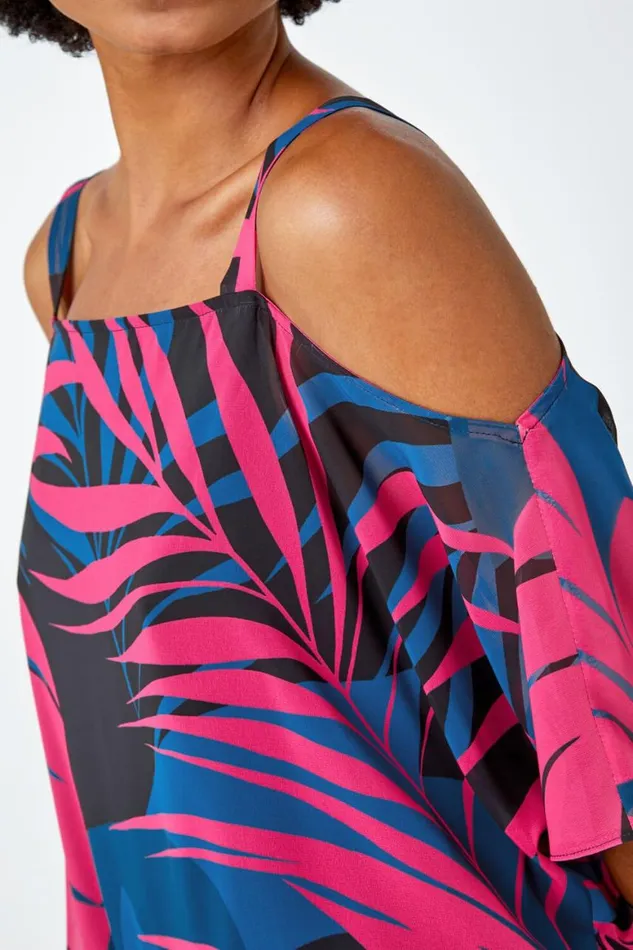 Women Pink Leaf Print Cold Shoulder Chiffon Top Roman Tops