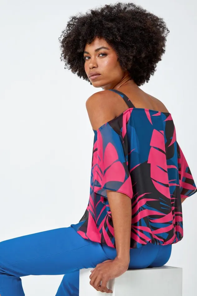 Women Pink Leaf Print Cold Shoulder Chiffon Top Roman Tops