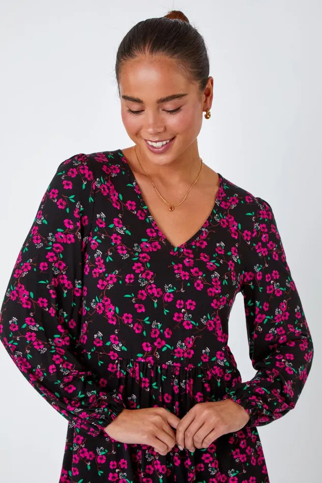 Women Pink Petite Floral Print Frill Hem Stretch Top Roman Tops