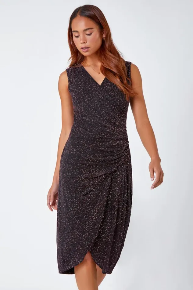 Women Pink Petite Ruched Wrap Stretch Dress Roman Dresses