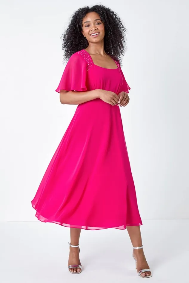 Women Pink Petite Shimmer Pleated Chiffon Midi Dress Roman Dresses