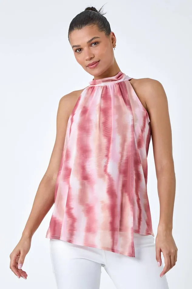 Women Pink Printed Mesh High Neck Tie Top Roman Tops