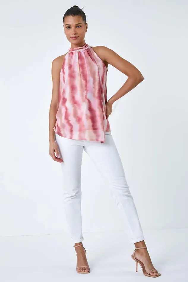 Women Pink Printed Mesh High Neck Tie Top Roman Tops
