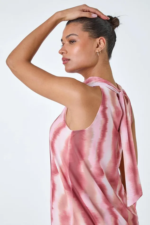 Women Pink Printed Mesh High Neck Tie Top Roman Tops