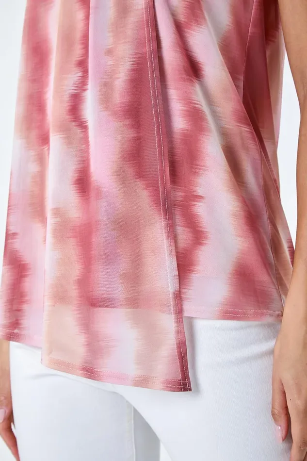 Women Pink Printed Mesh High Neck Tie Top Roman Tops