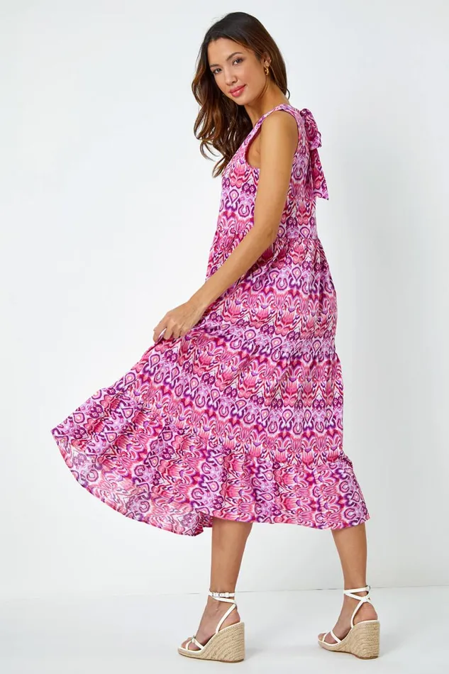 Women Pink Sleeveless Aztec Print Smock Midi Dress Roman Dresses