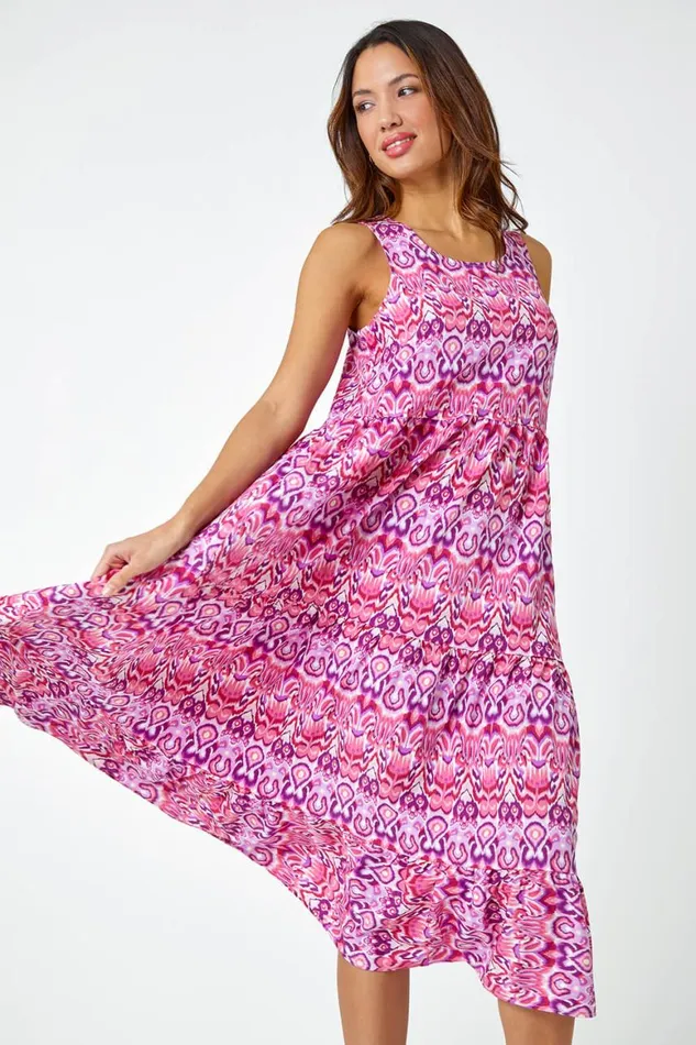 Women Pink Sleeveless Aztec Print Smock Midi Dress Roman Dresses