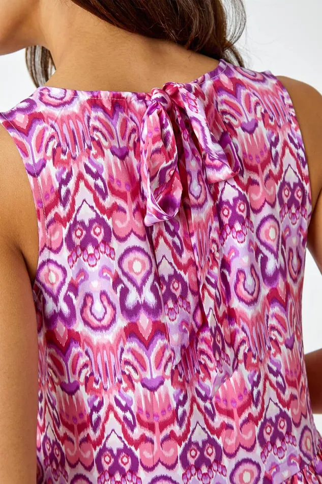Women Pink Sleeveless Aztec Print Smock Midi Dress Roman Dresses