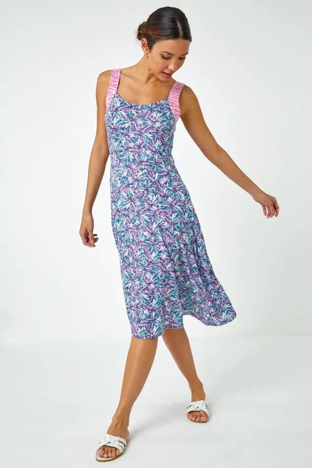 Women Pink Sleeveless Contrast Floral Print Dress Roman Dresses