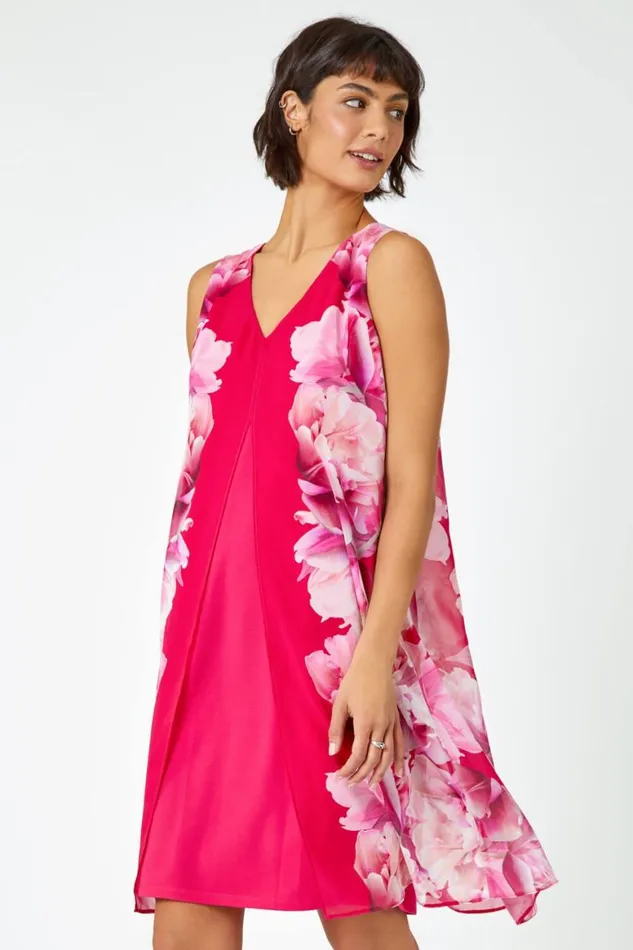 Women Pink Sleeveless Floral Chiffon Overlay Dress Roman Dresses
