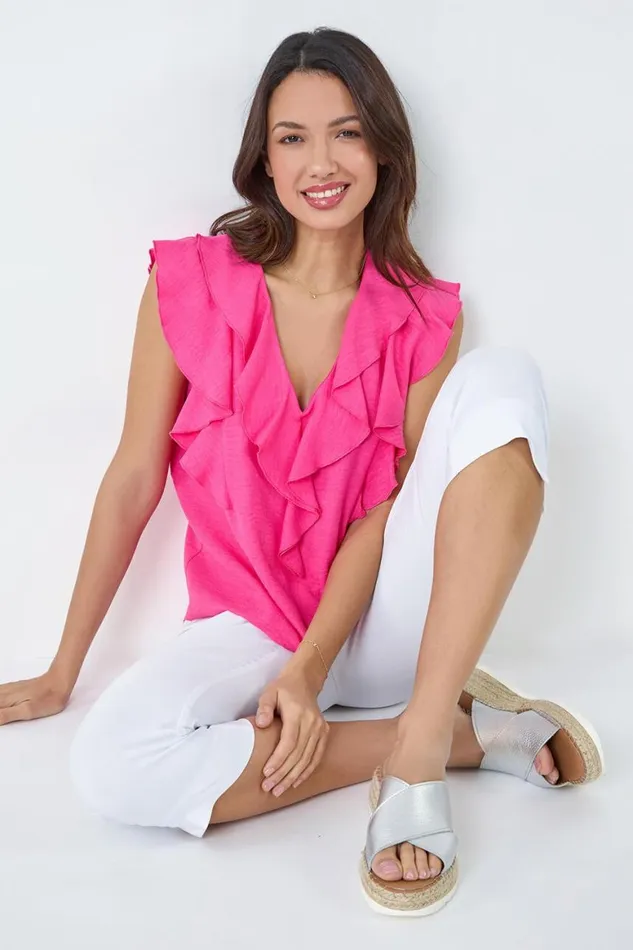 Women Pink Sleeveless VNeck Ruffle Detail Vest Roman Tops