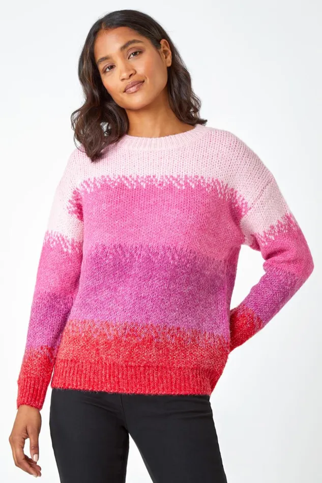 Women Pink Stripe Print Knitted Jumper Roman Knitwear