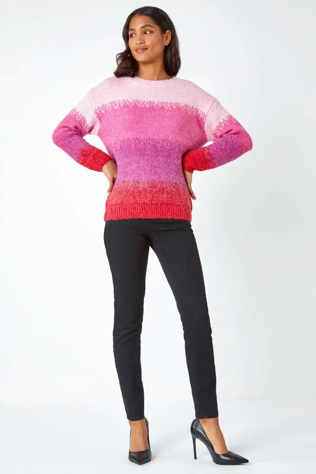 Women Pink Stripe Print Knitted Jumper Roman Knitwear
