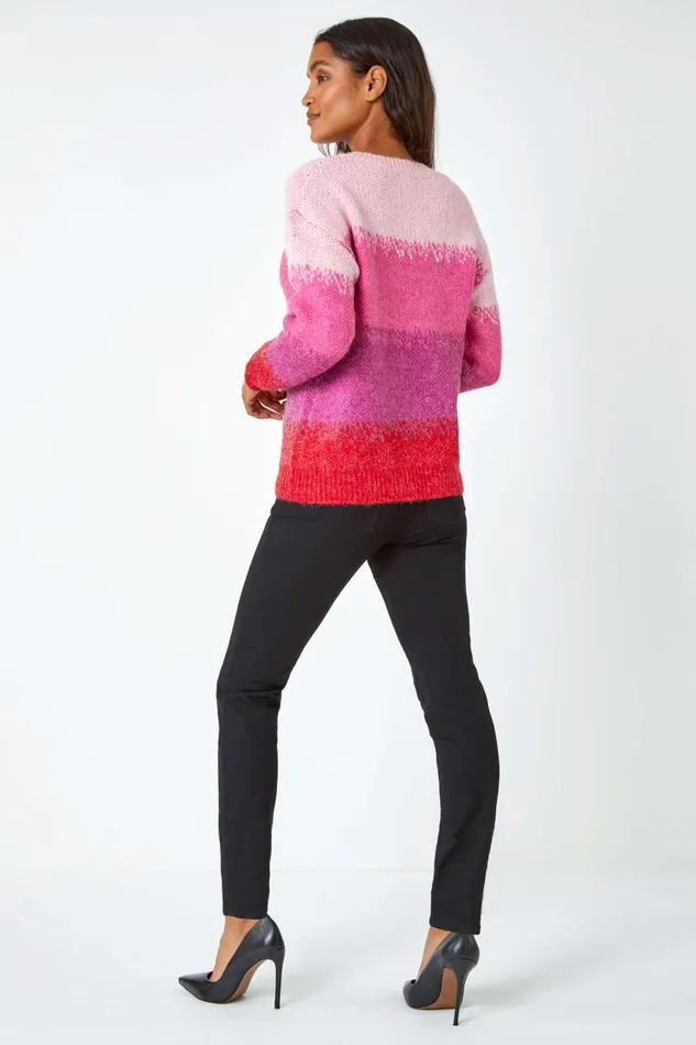 Women Pink Stripe Print Knitted Jumper Roman Knitwear