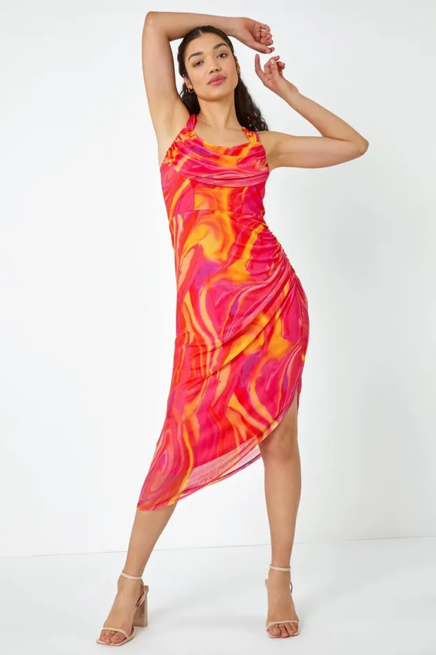 Women Pink Swirl Print Ruched Asymmetric Stretch Dress Roman Dresses