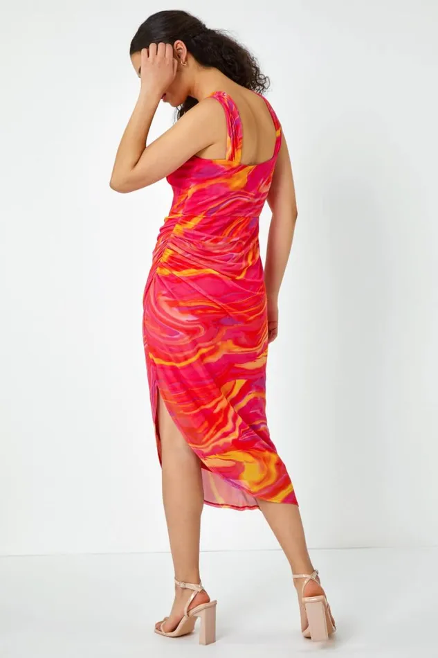 Women Pink Swirl Print Ruched Asymmetric Stretch Dress Roman Dresses