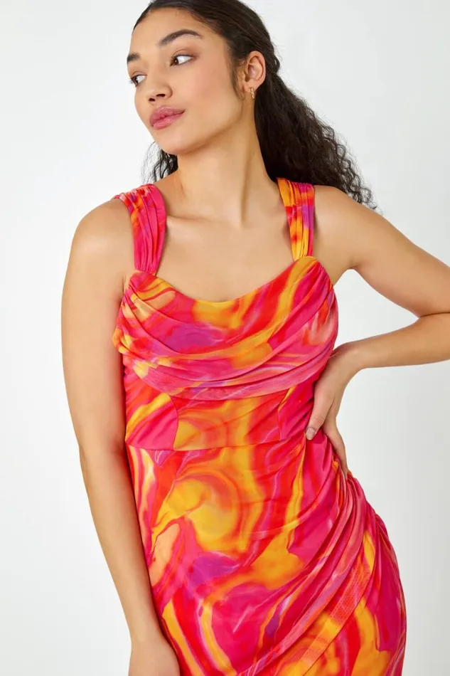 Women Pink Swirl Print Ruched Asymmetric Stretch Dress Roman Dresses