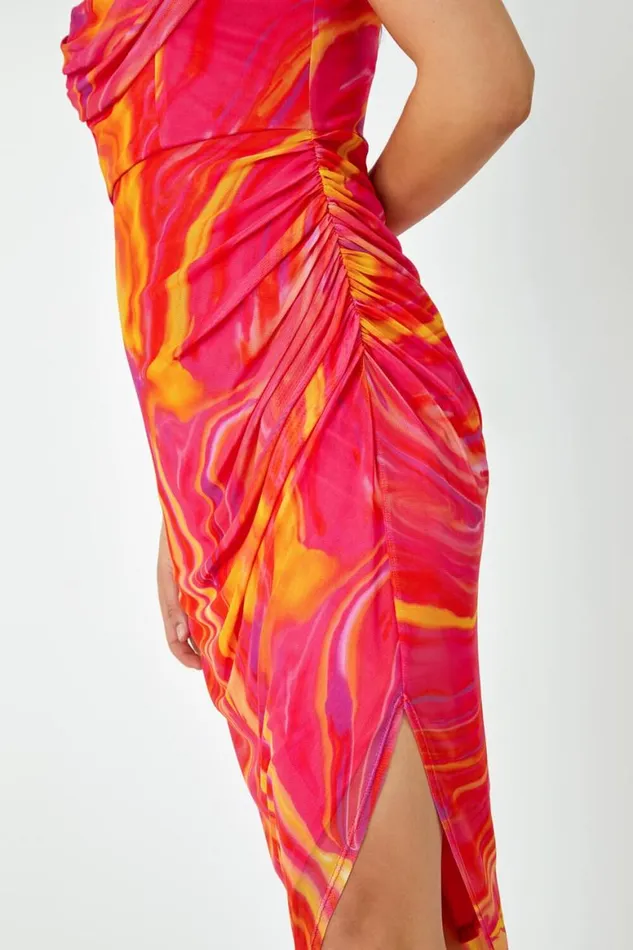 Women Pink Swirl Print Ruched Asymmetric Stretch Dress Roman Dresses