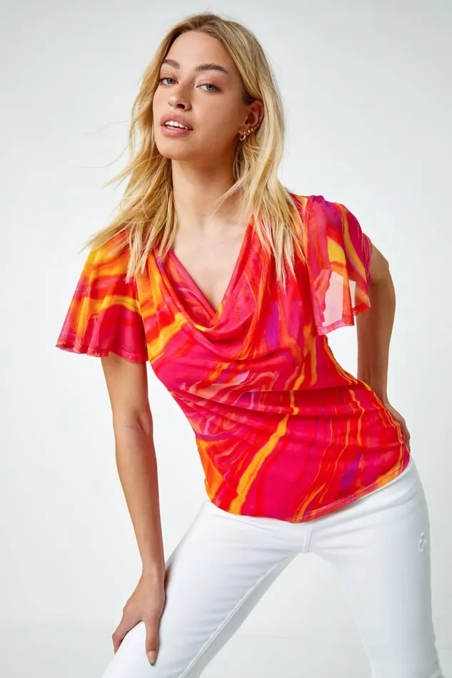 Women Pink Swirl Print Stretch Cut Out Top Roman Tops