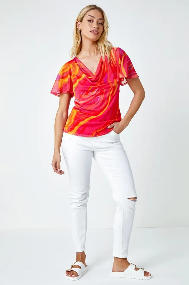 Women Pink Swirl Print Stretch Cut Out Top Roman Tops