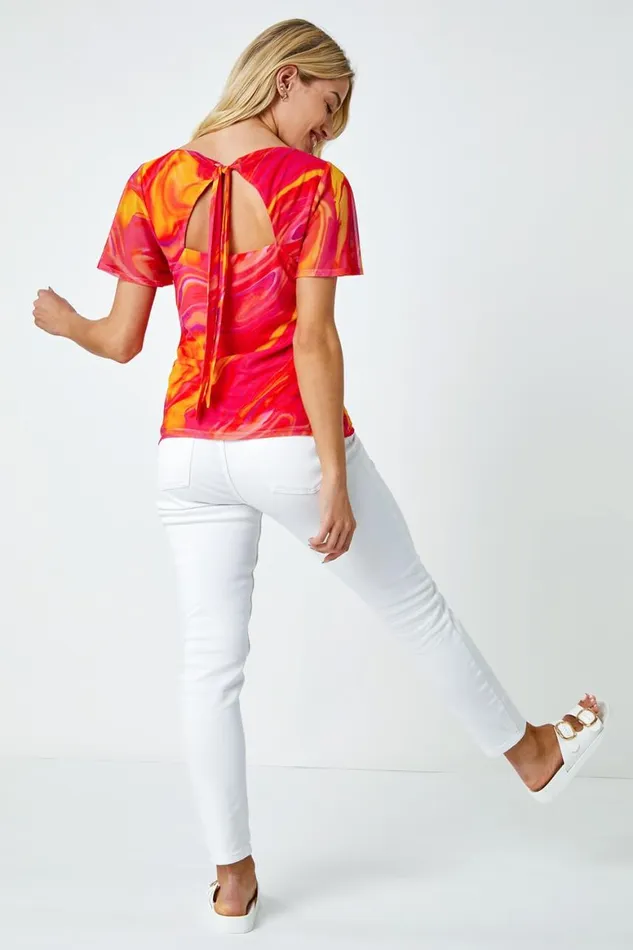 Women Pink Swirl Print Stretch Cut Out Top Roman Tops