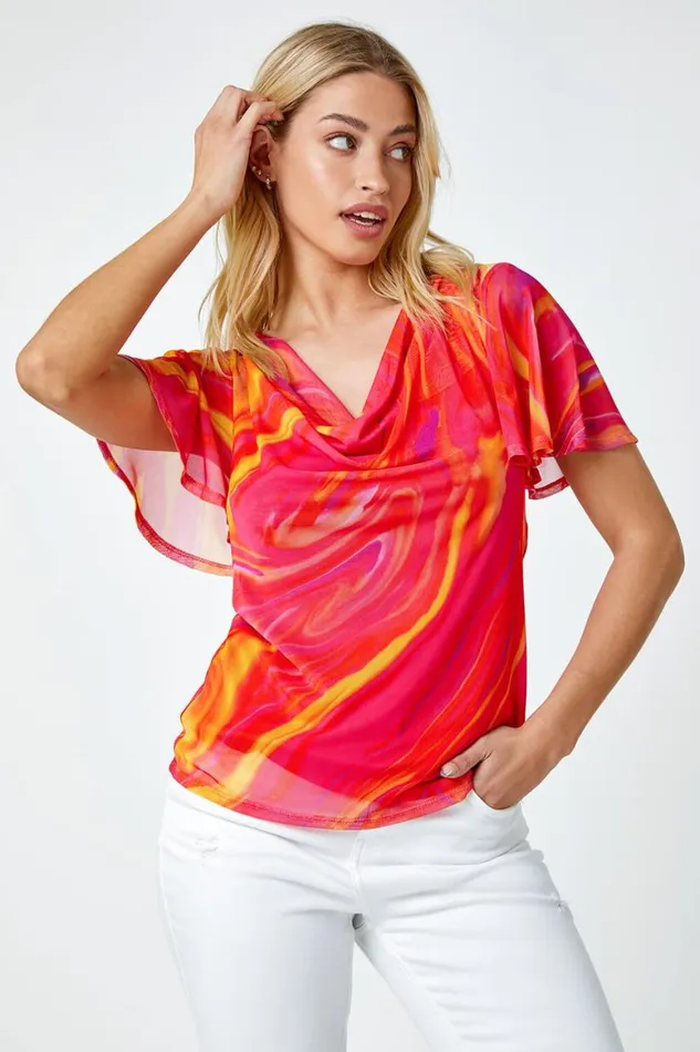 Women Pink Swirl Print Stretch Cut Out Top Roman Tops