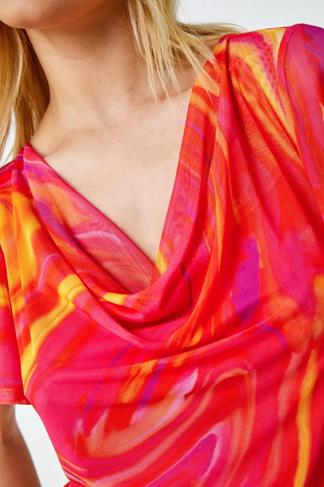 Women Pink Swirl Print Stretch Cut Out Top Roman Tops
