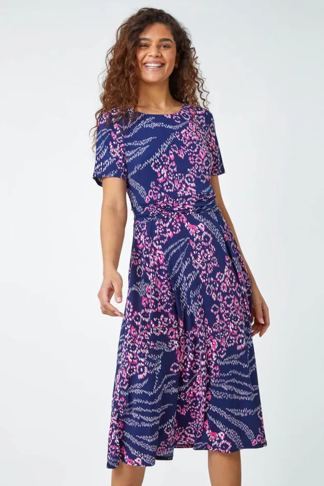 Women Pink Textured Animal Print Stretch Dress Roman Dresses