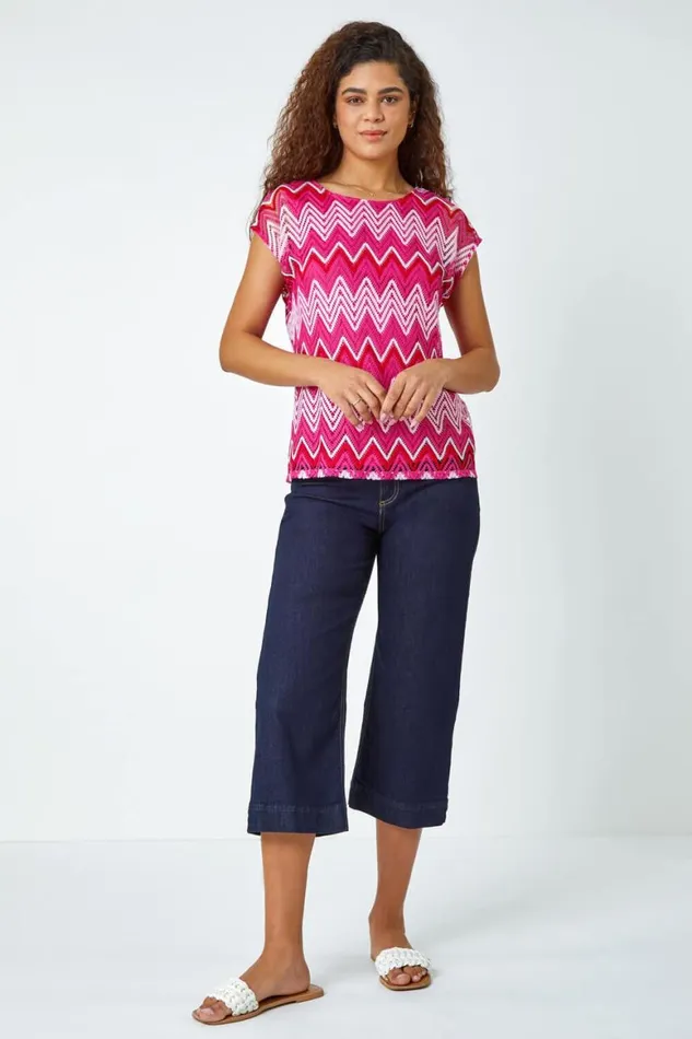 Women Pink Zig Zag Crochet Overlay Top Roman Tops