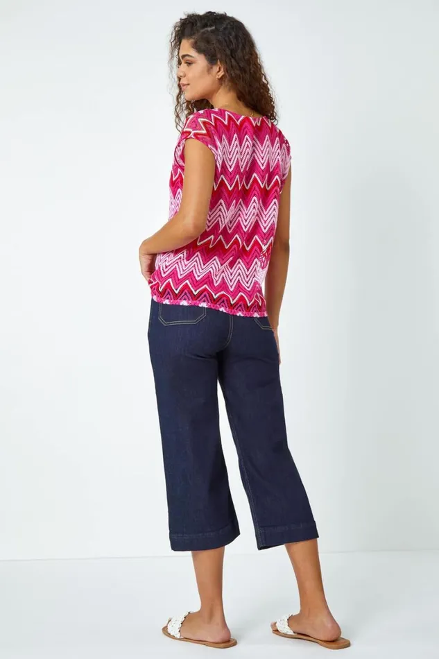 Women Pink Zig Zag Crochet Overlay Top Roman Tops