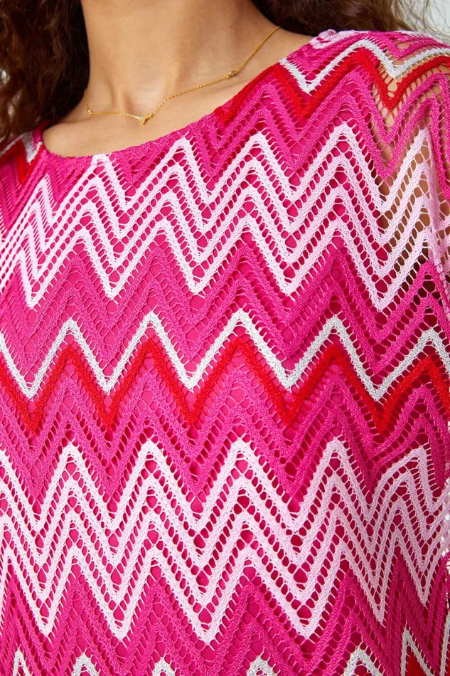 Women Pink Zig Zag Crochet Overlay Top Roman Tops