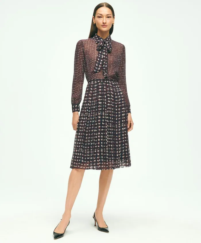 Women Pleated Chiffon Plaid Skirt Navy Multi Brooks Brothers Pants and Skirts