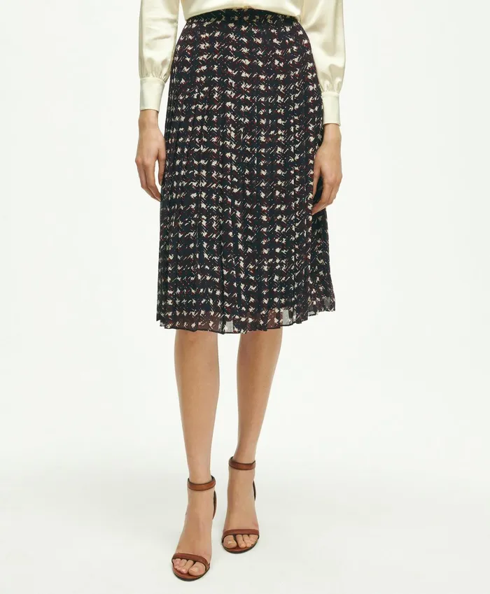 Women Pleated Chiffon Plaid Skirt Navy Multi Brooks Brothers Pants and Skirts