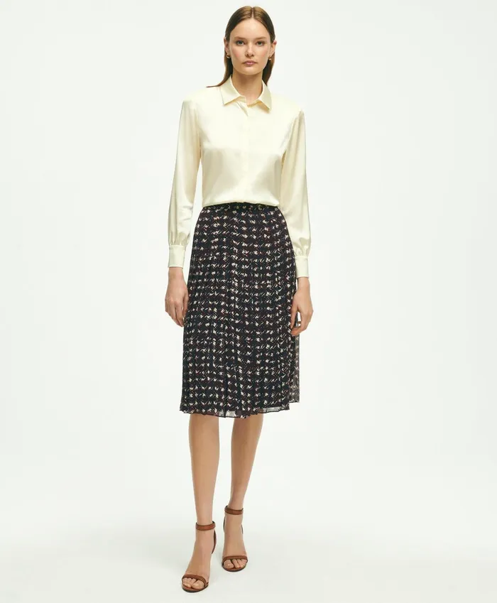 Women Pleated Chiffon Plaid Skirt Navy Multi Brooks Brothers Pants and Skirts