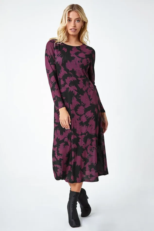 Women Plum Abstract Print Mesh Midi Stretch Dress Roman Dresses