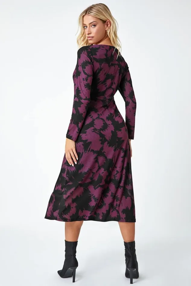 Women Plum Abstract Print Mesh Midi Stretch Dress Roman Dresses