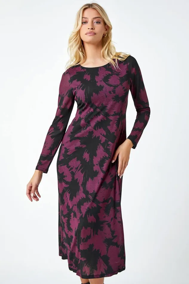 Women Plum Abstract Print Mesh Midi Stretch Dress Roman Dresses